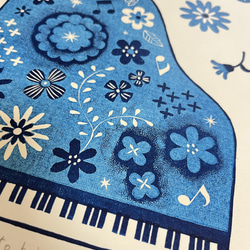 鳥とピアノと花の木版画 / A4 / 額無し 2枚目の画像