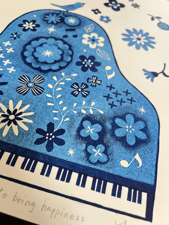 鳥とピアノと花の木版画 / A4 / 額無し 2枚目の画像