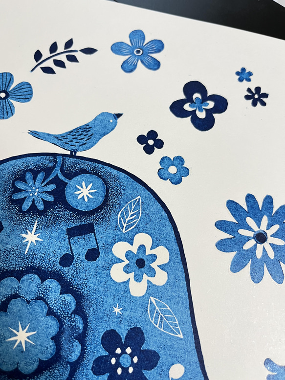鳥とピアノと花の木版画 / A4 / 額無し 3枚目の画像