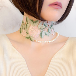 薔薇と真珠：くすみカラーのレースとパールのチョーカー　SV355 5枚目の画像