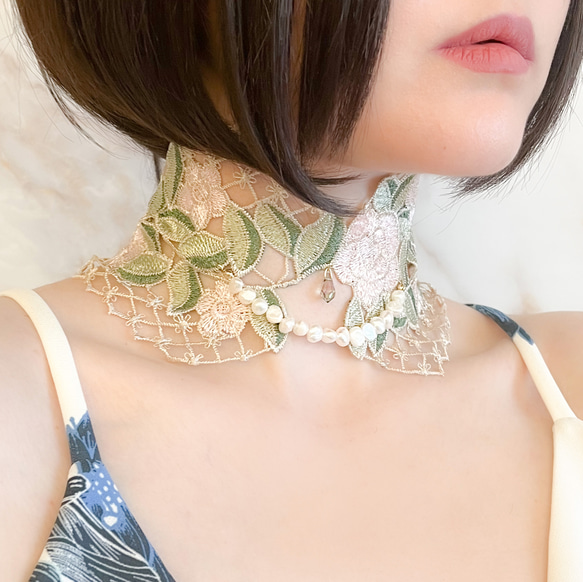 ローズの涙：くすみカラーのレースとパールの付け襟チョーカー　　SV356 14枚目の画像