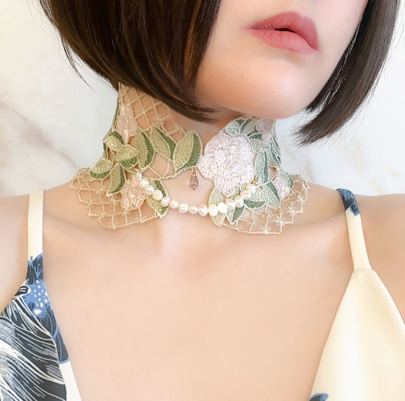 ローズの涙：くすみカラーのレースとパールの付け襟チョーカー　　SV356 9枚目の画像