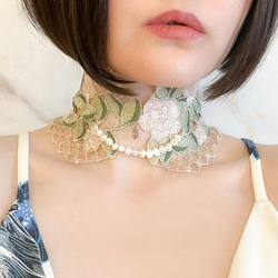 ローズの涙：くすみカラーのレースとパールの付け襟チョーカー　　SV356 5枚目の画像