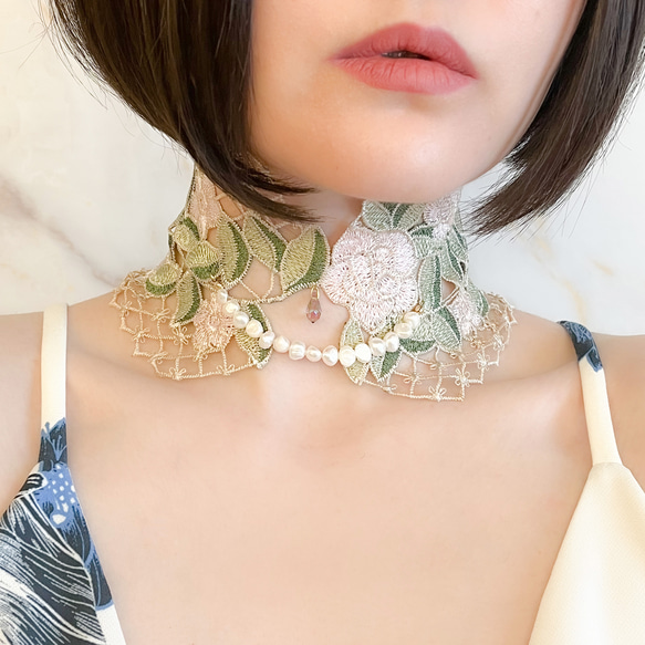 ローズの涙：くすみカラーのレースとパールの付け襟チョーカー　　SV356 5枚目の画像