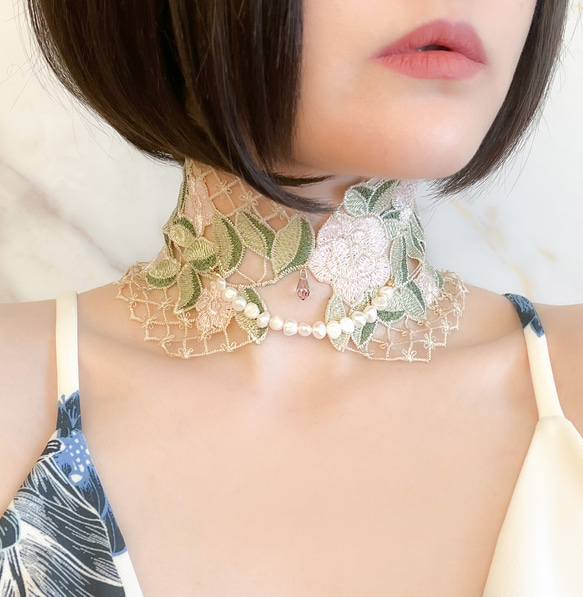 ローズの涙：くすみカラーのレースとパールの付け襟チョーカー　　SV356 1枚目の画像