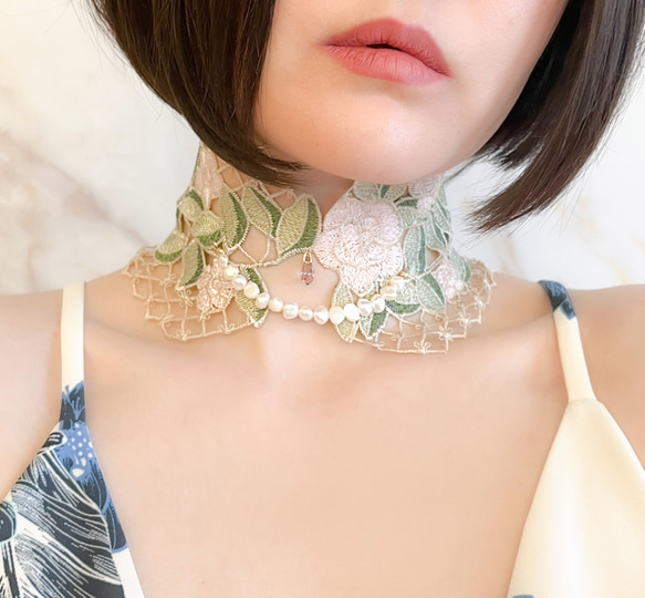 ローズの涙：くすみカラーのレースとパールの付け襟チョーカー　　SV356 13枚目の画像