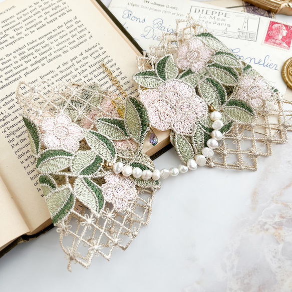 ローズの涙：くすみカラーのレースとパールの付け襟チョーカー　　SV356 16枚目の画像