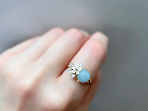 Cherry blossoms - アクアマリンとピンクシェルのワイヤーリング