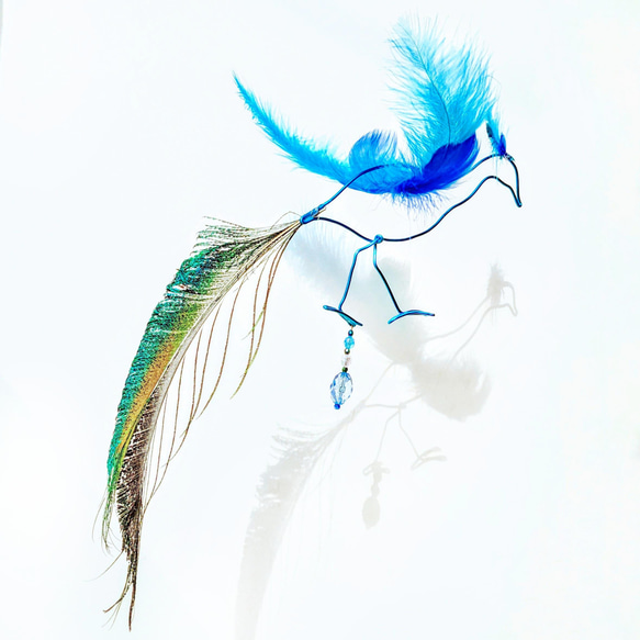 鳳凰】クジャク カケス 孔雀 瑞鳥 青い鳥 羽とワイヤーの鳥モビール