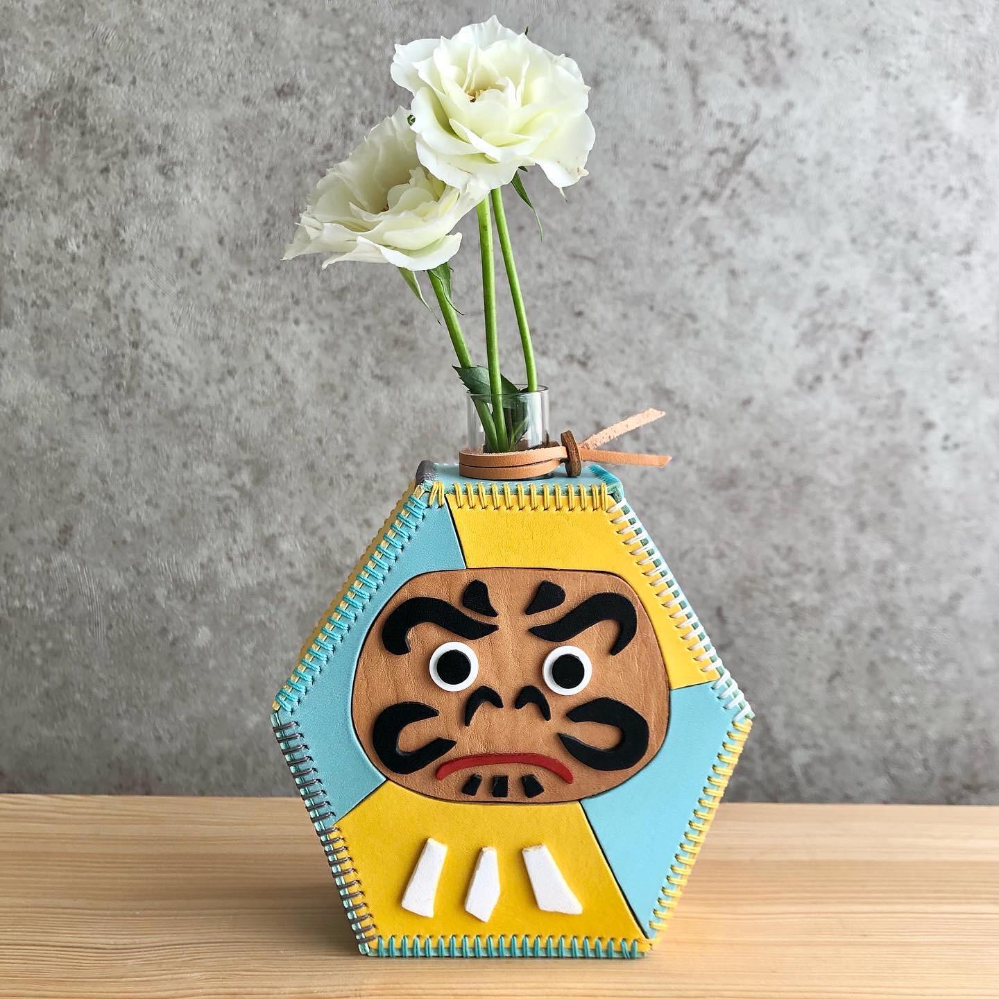 ■送料無料■ 革の一輪挿し / だるま(イエロー＆ブルー)
