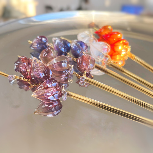 鬼灯 -朱紫- 簪 ディップアート アメリカンフラワー お花 鬼灯 -朱紫- 簪 ディップアート アメリカンフラワー お花