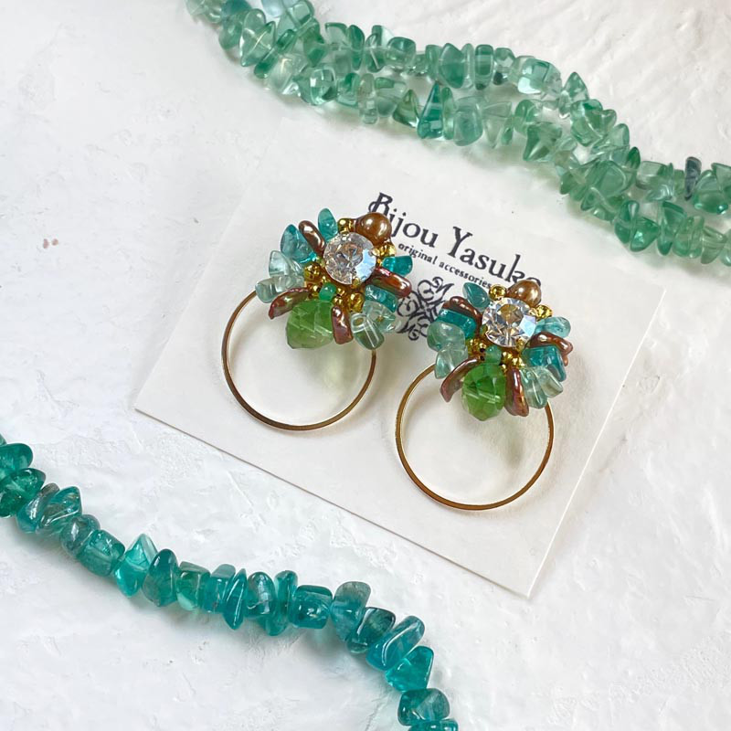 グリーンフローライト 天然石 フープ ピアス・イヤリング ビジュー イヤリング アンティーク 大ぶり イヤリング