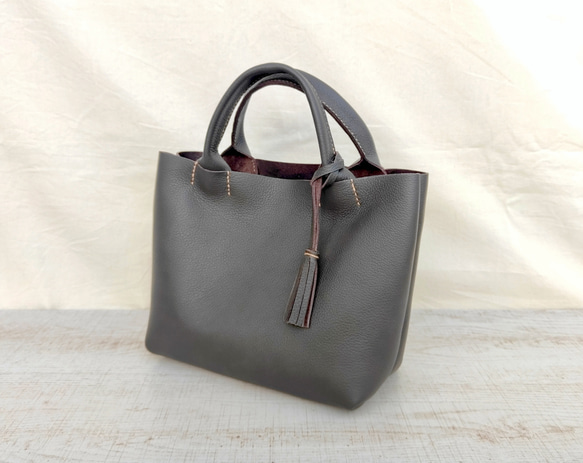 【イタリアンレザー】手縫いのミニトートバッグ（コンパクト/シンプル/メンズ/レディース/プレゼント）コーヒーブラウン 6枚目の画像