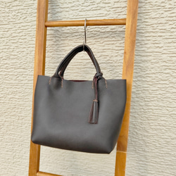 【イタリアンレザー】手縫いのミニトートバッグ（コンパクト/シンプル/メンズ/レディース/プレゼント）コーヒーブラウン 8枚目の画像