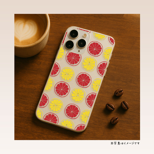 全機種対応】グレープフルーツ柄 スマホケース＊ピンク×イエローの昭和