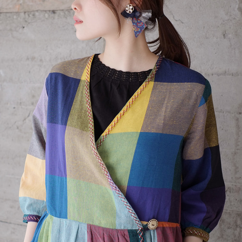 再販！カラフル前開き7分袖カシュクールワンピース （23s-06