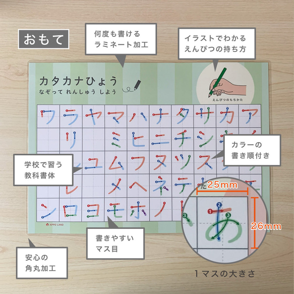 【なぞり書き-カタカナ練習表】書き順付き  A4サイズ カタカナ表 ラミネート加工あり 五十音表 2枚目の画像