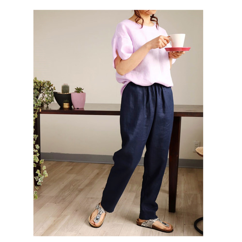 ベーシックデザイン リネンパンツ：ネイビー ロングパンツ ENANA