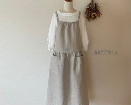 リネン綿麻ベージュチュニックワンピースエプロンフリーサイズ dc4ca4566f27640d7a391490406d07