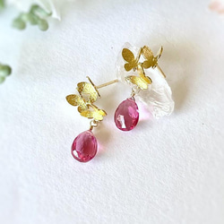 Three butterflies ＆ Pink Tourmaline Quartz Earrings 14kgf 1枚目の画像