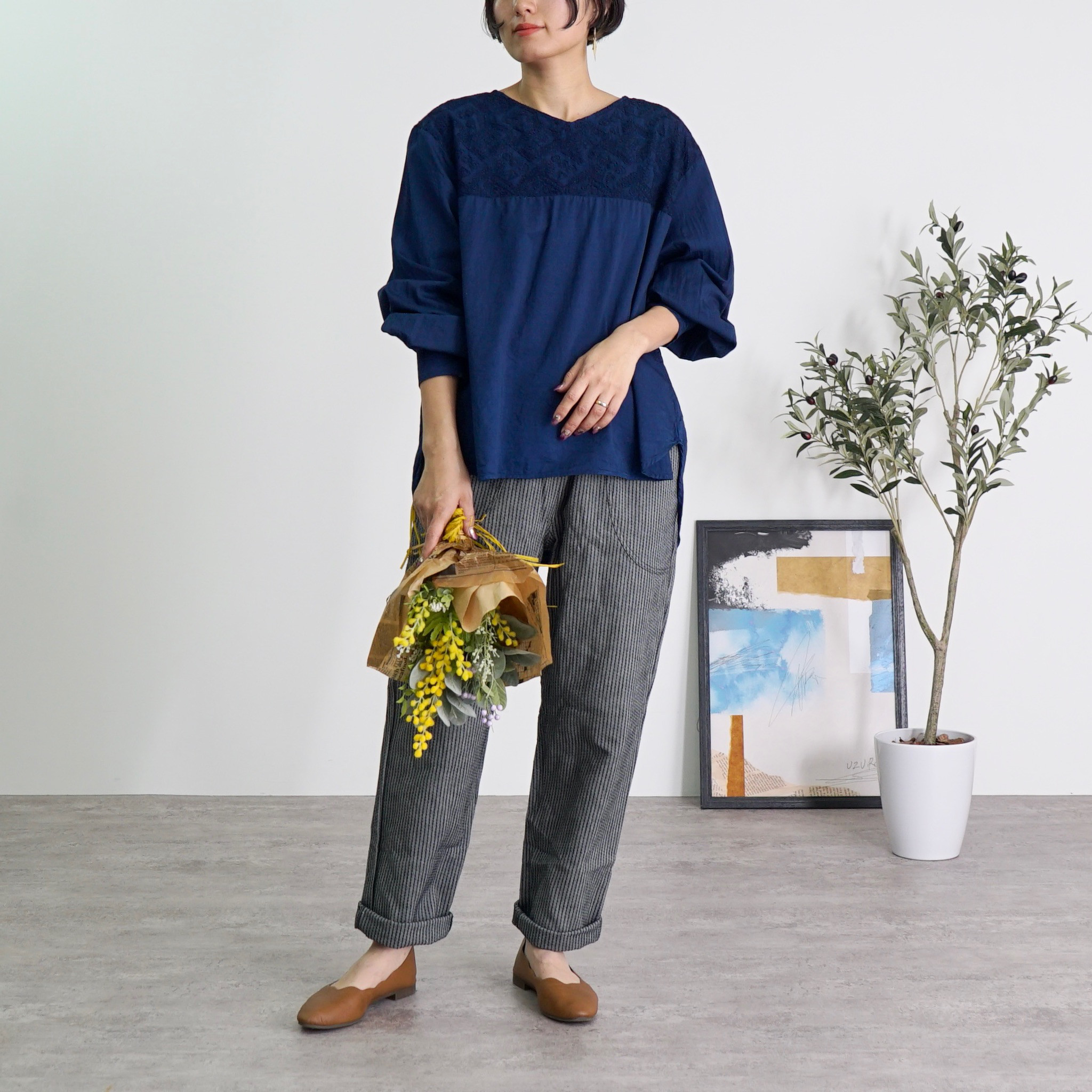 刺繍ブラウス/ネイビー/三河織物