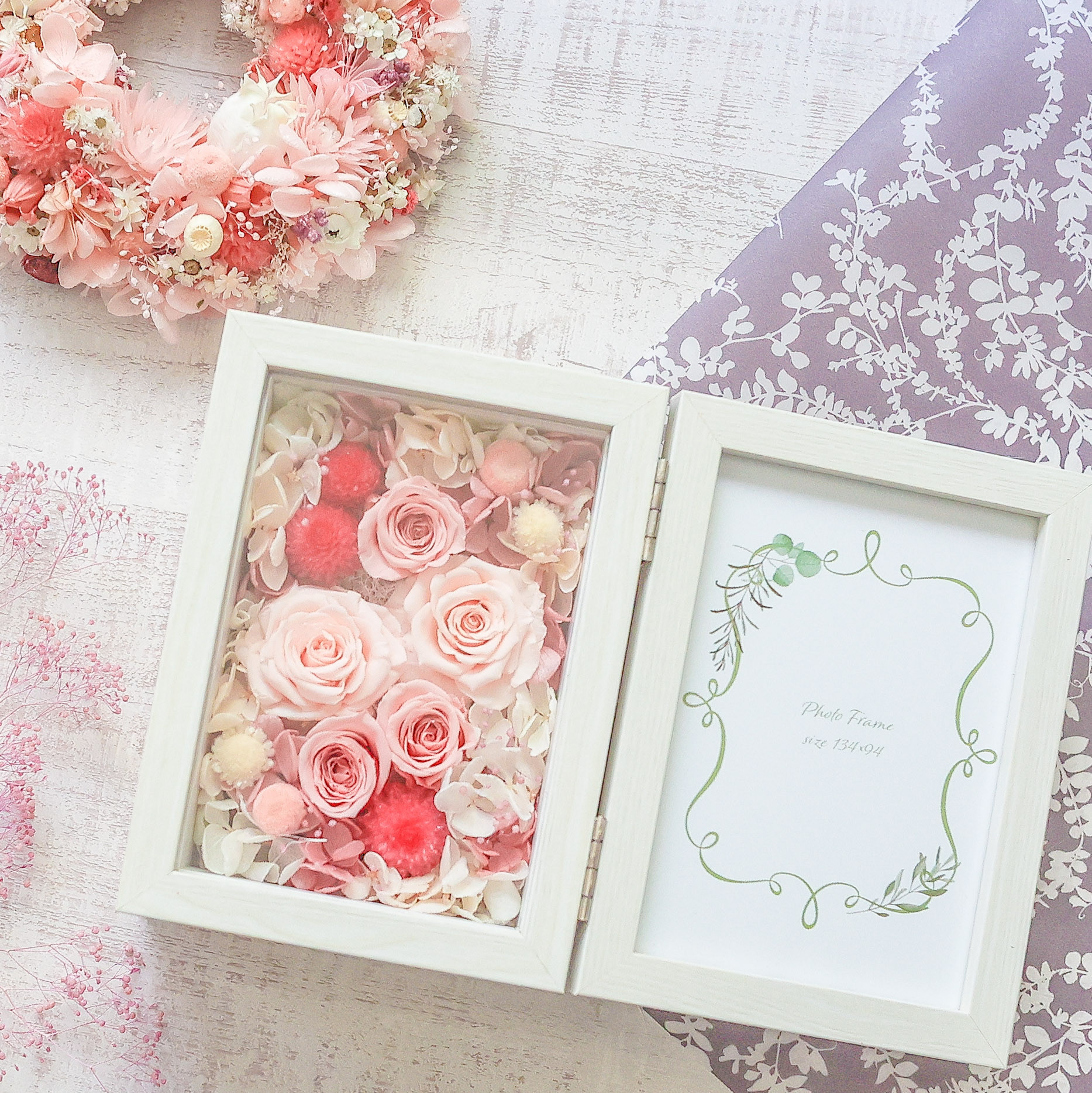 プリザーブドフラワーフォトフレーム「ジャルダン　デュ　フルール」フェアリーピンク