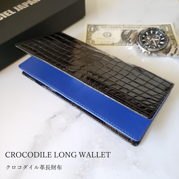 クロコダイル革 レディース・メンズ財布 二つ折り財布　ブラック　センター1枚取り　オリジナル　一点物　オンリーワン 3枚目の画像