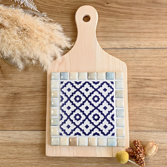 イタリア産バティックタイルの鍋敷 ブルー×アンティークレンガ 鍋敷き