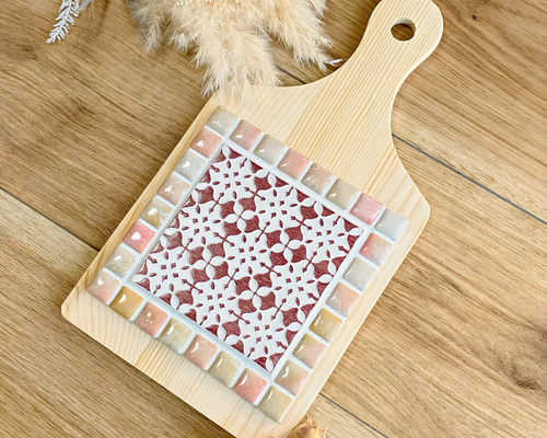 イタリア産バティックタイルの鍋敷 レッド×フレンチピンク 木製鍋しき