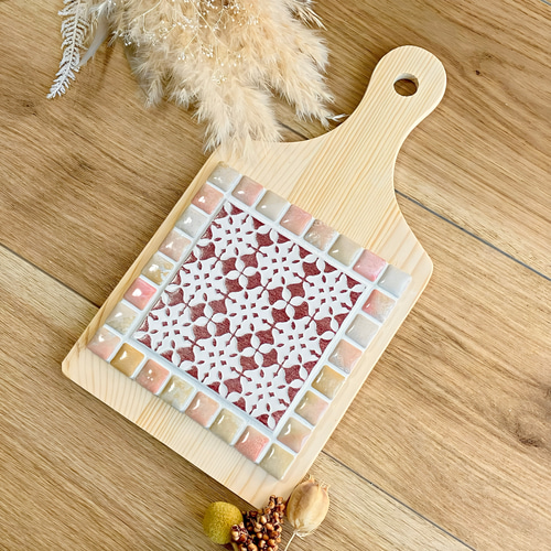 イタリア産バティックタイルの鍋敷 レッド×フレンチピンク 木製鍋しき