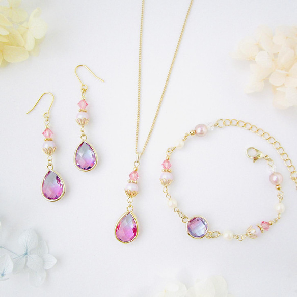 月花】パープル グラデーション cz アシメ ドロップ ピアス