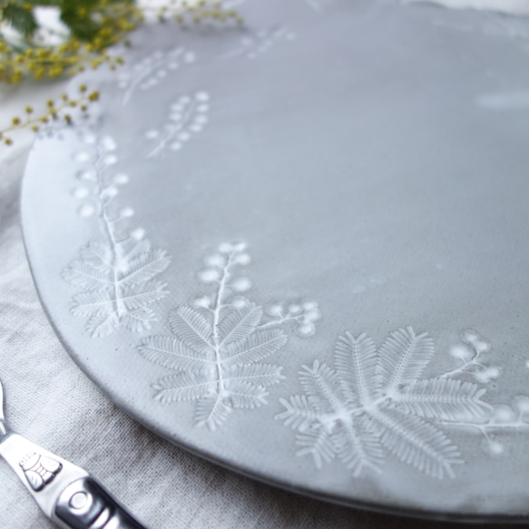ミモザ 丸皿23cm デザート皿 ワンプレート 植物 陶器 陶磁器　ギフト　洋食器 3枚目の画像
