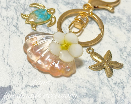 マクラメ　キーホルダー　ハンドメイド　ハワイアン　SEA 変更再販 プルメリア ハワイアンキーホルダー 海 キーリング Lana 通販