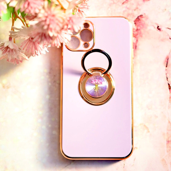 ピンクのブーケ　iPhoneケース スマホケース イニシャル入 リング付き 押し花  紫　ピンク 2枚目の画像