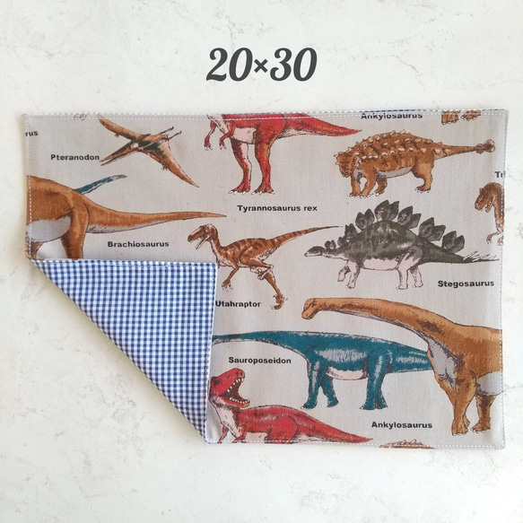 送料無料★20×30 恐竜柄 A4サイズ ランチョンマット  保育園 幼稚園 グレー 男の子 給食 1枚目の画像