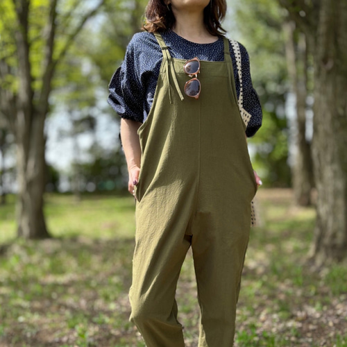 再販10 大人の細見え♪テーパードサロペット（オリーブカーキ）＊受注