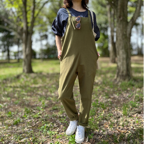 再販10 大人の細見え♪テーパードサロペット（オリーブカーキ）＊受注