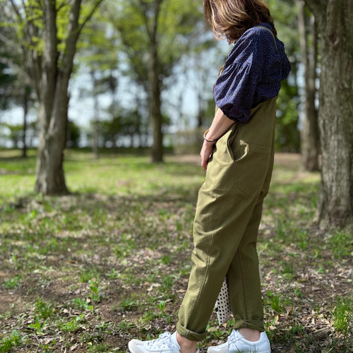 再販10 大人の細見え♪テーパードサロペット（オリーブカーキ）＊受注