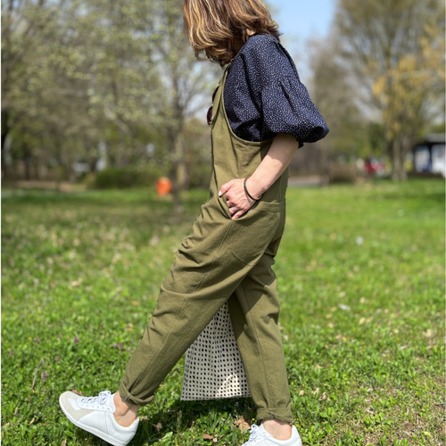 再販10 大人の細見え♪テーパードサロペット（オリーブカーキ）＊受注