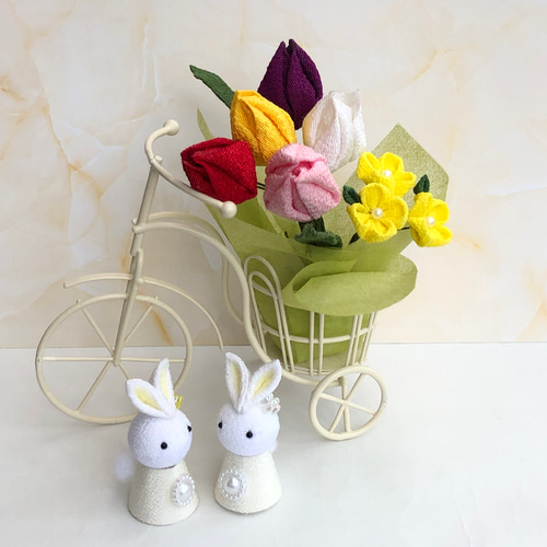 チューリップ 菜の花 うさぎ 自転車 春のインテリア つまみ細工 4月