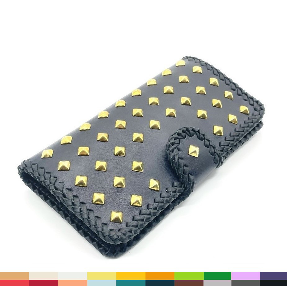 【22色から選べる・全機種対応・名入れ対応】ピラミッドスタッズ＆レース 革製手帳型スマホケース 栃木レザー iPhone