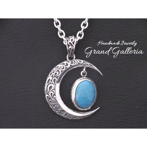 三日月ネックレス シルバー925 【刻印無料】 ターコイズ 三日月 月 クレセント ムーン ルナ 唐草 唐草模様