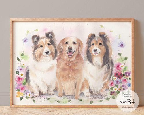 B4】水彩で描く手描きペット似顔絵（1〜5匹まで）ペットイラスト,水彩