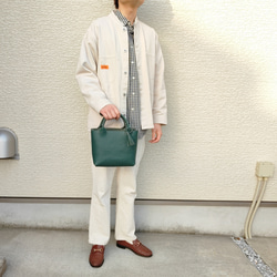 【シュリンクレザー】手縫いのミニトートバッグ（コンパクト/シンプル/メンズ/レディース/ミニバッグ/プレゼント）グリーン 15枚目の画像