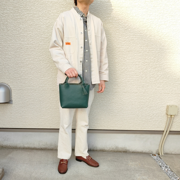 【シュリンクレザー】手縫いのミニトートバッグ（コンパクト/シンプル/メンズ/レディース/ミニバッグ/プレゼント）グリーン 15枚目の画像