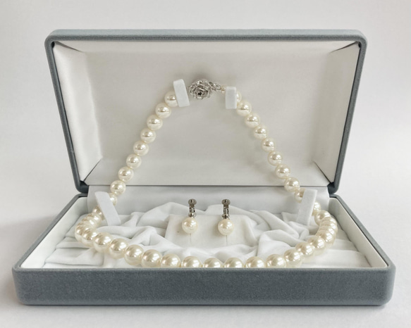 貝パールネックレスセット/10mm約45cm+イヤリング又はピアス+ケース/Lt