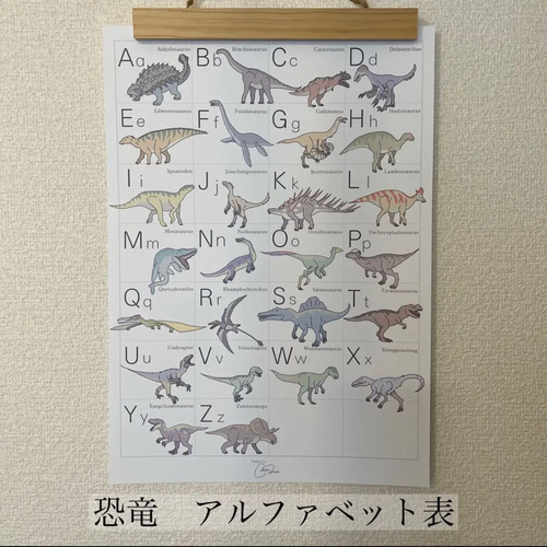 インテリアに馴染む やさしい恐竜 【アルファベット表】A3ポスター