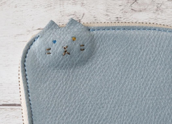 【ブルー】猫　ネコソフトレザー　スマートキーケース マルチケース 新調　メタリックブルー　水色　本革　ギフト　キーケース 11枚目の画像
