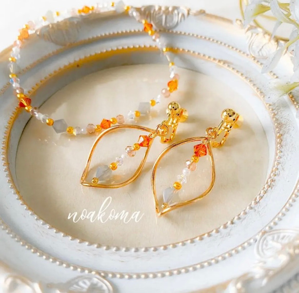 bracelet + ＊Spring - tea swarovskiイヤリング/ピアス セット ＊ 紅茶 リーフ 母の日 1枚目の画像