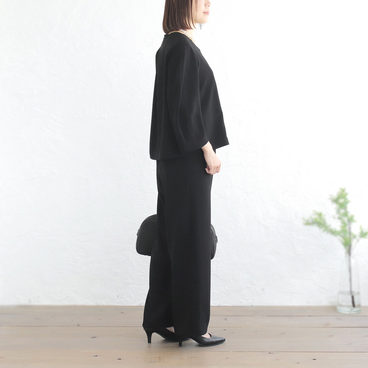 とろみ素材コクーン袖フォーマルセットアップ ✦ 卒園入学式・丈上げ無料 ブラックパンツスーツ